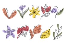Set Of Flowers, Watercolor And Doodle Style