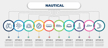 Vector Infographic Template With Icons And 10 Options Or Steps. Infographic For Nautical Concept. Included Binocular, Fish Facing Right, Sun Shining, Compass Inclined, Swin Goggle, Ferry Facing
