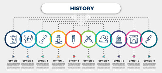 vector infographic template with icons and 10 options or steps. infographic for history concept. included foot print, viking helmet, bone, policeman, tool, swords, stone, tomb, brushes.