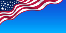 Banner 4th Of July USA Happy Independence Day. Vector Template With Waving American Flag On Blue Sky Background. United States Design, Illustration Eps 10.