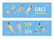 © Anna Sm - Horizontal banners. Girls swim in the sea. Cartoon cute style. Vector illustration.