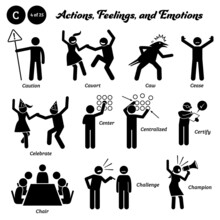 Stick Figure Human People Man Action, Feelings, And Emotions Icons Starting With Alphabet C. Caution, Cavort, Caw, Cease, Celebrate, Center, Centralized, Certify, Chair, Challenge, And Champion.