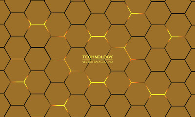 Aufkleber - Dark yellow hexagonal technology vector abstract background. Yellow bright energy flashes under hexagon in modern technology futuristic background vector illustration. Vector honeycomb texture grid.