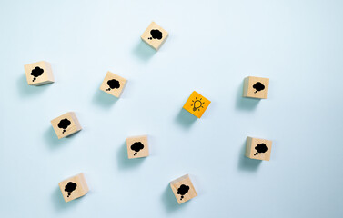 Poster - Top view wooden blocks with thinking bubble and idea. Concept for creative and brainstorm.