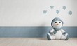 Snowman doll with snowflake wallpaper in empty room with copy spcae background. Interior and kids room concept. 3D illustration rendering