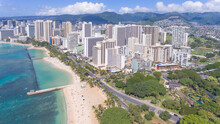 Aerial View Of Beachfront Condos And Hotels At Waikiki Beach In Honolulu On Oahu, Hawaii