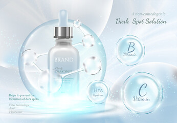 Cosmetic set ads, luxury blue package design on light blue background with molecule glittering bokeh and bubbles in 3d illustration