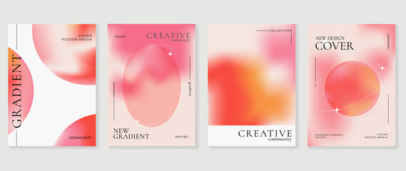 Abstract red gradient liquid cover template. Set of modern poster with vibrant graphic color, hologram, circle bubbles, planet, star elements. Futuristic design for brochure, flyer, wallpaper, banner.