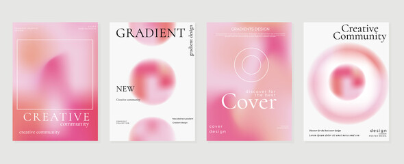 Abstract pink gradient liquid cover template. Set of modern poster with vibrant graphic color, hologram, bubbles, circle shapes, frame. Futuristic design for brochure, flyer, wallpaper, banner.