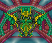 Futuristic Green Owl Mecha Illustration