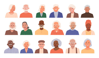 Wall Mural - Set of avatars of happy smiling seniors. Elderly people. Portraits of old men and women of different nationalities