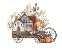 Watercolor Illustration Of An Autumn Cart With Pumpkins, Half-timbered Houses, Autumn Grass And Leaves Isolated On A White Background.