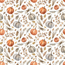 Watercolor Seamless Pattern With Pumpkins And Autumn Leaves. Hand Drawn Autumn Background With Orange And White Pumpkins, Dry Autumn Grass And Leaves.