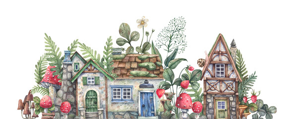 Watercolor illustration with old forest houses, huts, mushrooms and wild plants isolated on a white background. Amanita, grebes, chanterelles, ferns, wild strawberries, forest herbs border