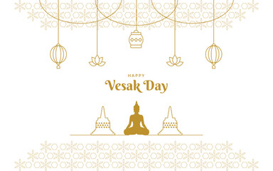 Vesak Day Greeting Card with Buddha, Temples, Lotus, and Lantern Vector Line Illustration