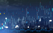Leinwandbild Motiv Graph stock market with bar chart and candlesticks, cityscape