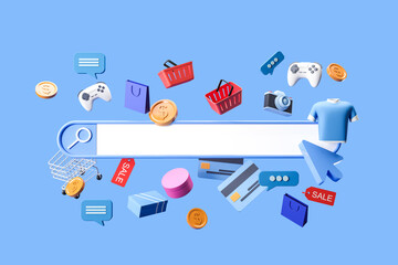 Poster - Search bar and floating market icons on light background. Mockup