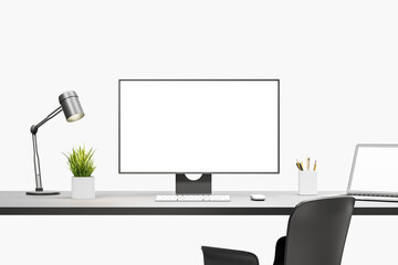 Poster - Pc computer and laptop mockup display on desk, office tools