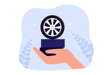 Poster - Hand holding car wheel. Tire service or fitting advertisement flat vector illustration. Car repair service, maintenance concept for banner, website design or landing web page