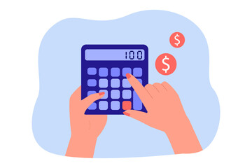 finger pressing buttons on calculator. person counting income, planning household or company budget 