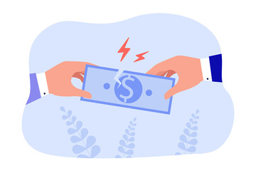 Poster - Hands of businessmen tearing dollar bill. Business partners holding torn banknote flat vector illustration. Finance, investment, bankruptcy, conflict concept for banner or landing web page