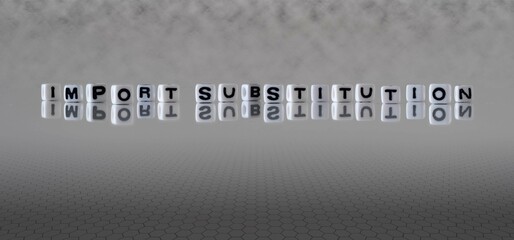 import substitution word or concept represented by black and white letter cubes on a grey horizon background stretching to infinity