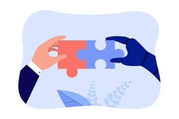 Poster - Human and robotic hands connecting pieces of jigsaw puzzle. People and robots working together flat vector illustration. Artificial intelligence, automation, workforce, technology concept for banner