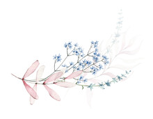 Watercolor Bouquet With Wild Pink And Blue Flowers, Branches, Leaves, Twigs. Hand Drawn Floral Illustration