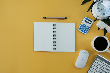 Poster - Desk table with smartphone, laptop computer, cup of coffee and supplies. Top view with copy space, flat lay