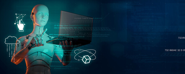 Poster - future digital technology cyber virtual game metaverse, 3d robot in cyber space futuristic metaverse
