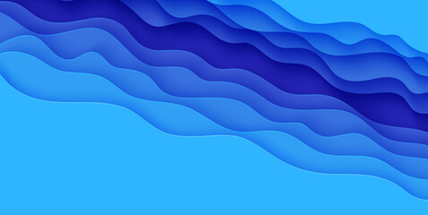 Wall Mural - Abstract background with water waves in paper cut style. 3d wallpaper with cut out deep wavy modern cover. Blue color layers with smooth shadow papercut art. Vector illustration, origami shapes