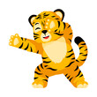 Cute little Tiger dabbing character isolated. Happy club cartoon striped tiger dancing.
