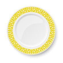 Yellow Plate With White Polka Dot Pattern Isolated On White Background