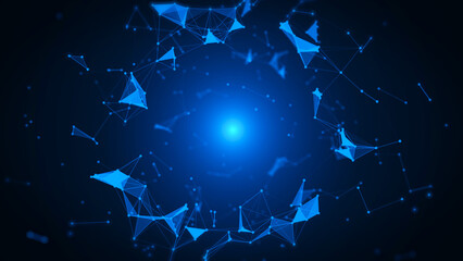 Leinwandbilder - Digital Technology Circle Tunnel Gate Polygon Plexus Data Network Simulation Illustration Background. Blue Scientific Geometric Structure Concept.