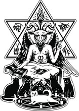 
Baphomet. Vector Illustration In Engraving Technique Of Demon With Goat Head, Wings And Woman Body.With Black Cats And A White Cat In The Middle.Satanic, Occult Symbol. Isolated On White Background.

