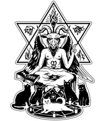 
Baphomet. Vector illustration in engraving technique of demon with goat head, wings and woman body.With black cats and a white cat in the middle.Satanic, occult symbol. Isolated on white background.
