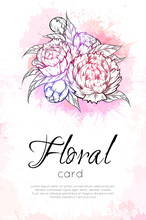 Vector Vertical Card With Contour Peony Flowers With Pink Watercolor Splashes And Copy Space. Invitation With Natural Floral Bouquet