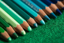 Close Up Macro Of Colored Pencils In Green And Blue