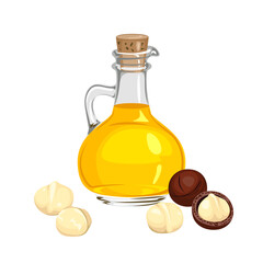 Sticker - Macadamia oil in glass bottle isolated on white background. Healthy food vector illustration in cartoon flat style. 