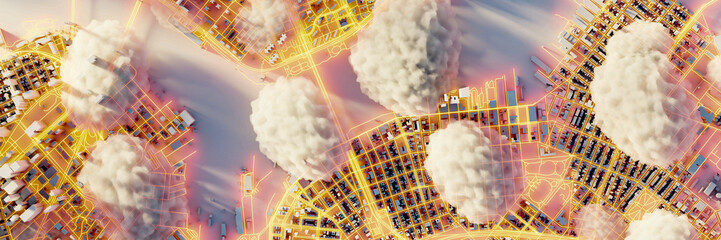 Leinwandbilder - Scattered clouds on the mega city; urban and futuristic technology concepts, original 3d rendering