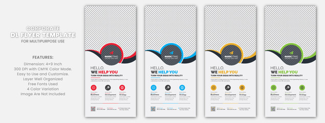 Wall Mural - Red, Blue, Yellow and Green Color Corporate DL Flyer Rack Card Template Unique Design with Creative Concept 