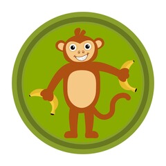 Sticker - Young red-haired monkey smiling and standing with black eyes holding bananas in green color round icon