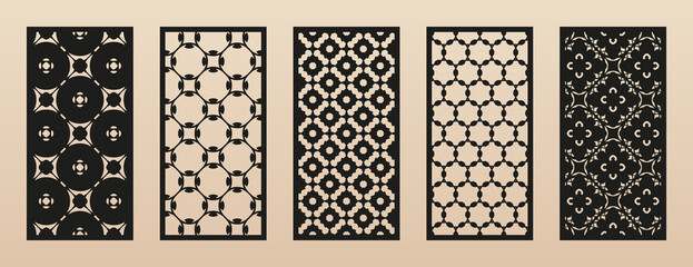 Aufkleber - Vector laser cut templates. Modern abstract geometric panels with floral patterns, grid, lattice. Oriental style ornaments. Template for cnc cutting of metal, wood, paper, plastic. Aspect ratio 1:2