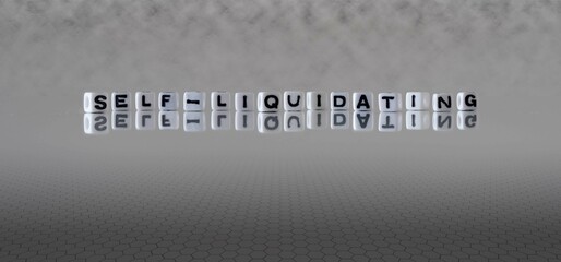 self liquidating word or concept represented by black and white letter cubes on a grey horizon background stretching to infinity