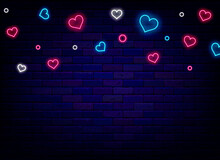 Romantic Confetti Neon Background. Heart Shapes. Happy Valentines Day. Wedding Concept. Vector Stock Illustration