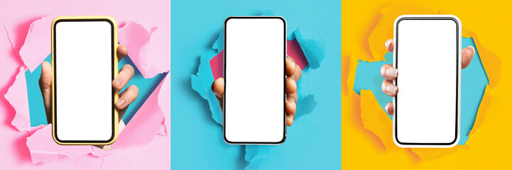 Collage of hands showing empty smartphone screen breaking through paper