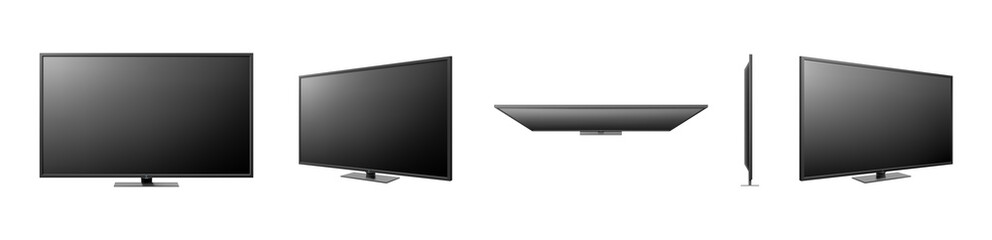 LCD TV screen isolated on white background. Black television panel. Realistic 3D blank LED smart hdtv display with mat texture surface. Top, Front, Side view of monitor. Tv mockup model. Vector