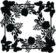Monochrome Black Silhouette With Butterfly Flowers. Background Gothic, Mystery, Magic.