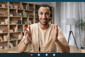 Poster - Web conference concept. Happy arab man making video call via laptop, talking and gesturing to webcamera, screenshot