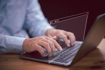 Aufkleber - Programming code writing, software coding developing, hands typing computer script, man hands coding html and programming on screen laptop, development web, developer, web master